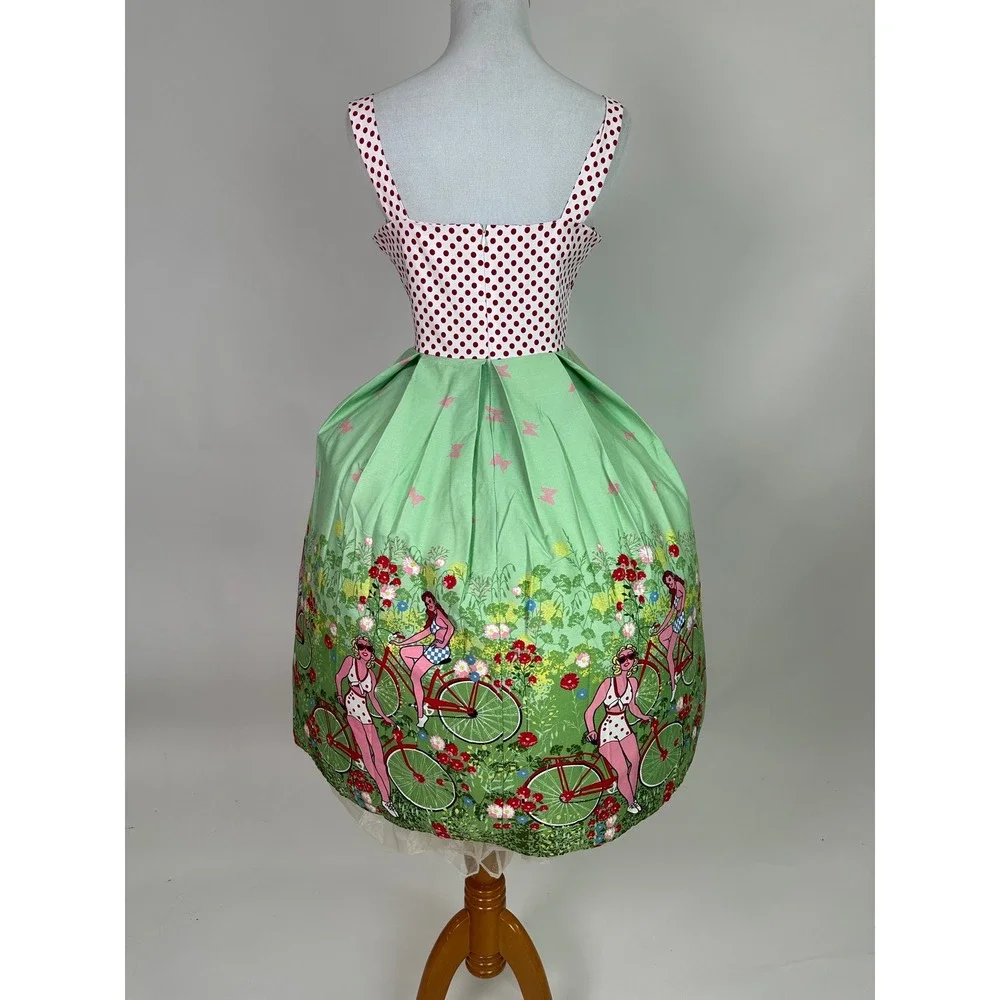 Retro 1950s Style Polka Dot Bicycle Print Swing Dress Green Red Small‎